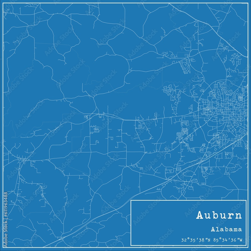 Blueprint US city map of Auburn, Alabama.