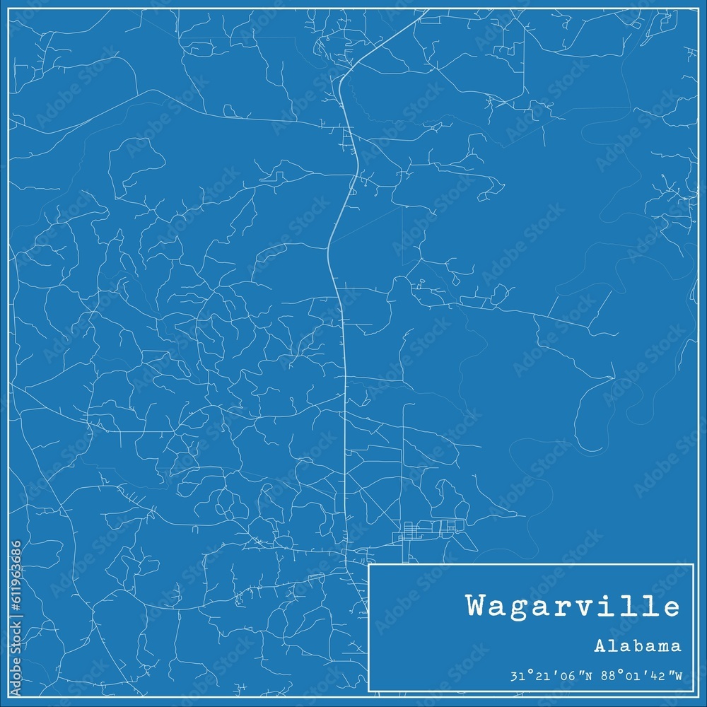 Blueprint US city map of Wagarville, Alabama.