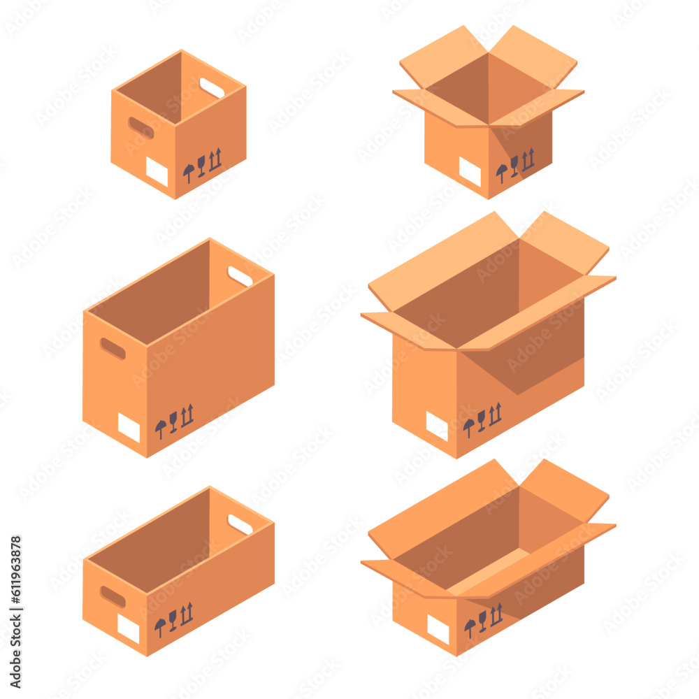 Open cardboard box. Carton boxes, shipping and delivery packages. Cardboard boxes flat vector illustration set Open cardboard box. Carton boxes, shipping and delivery packages. Cardboard boxes flat vector illustration set