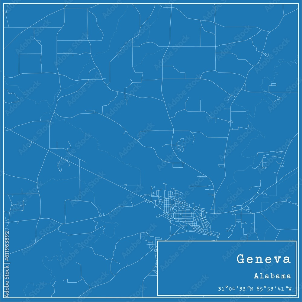Blueprint US city map of Geneva, Alabama.