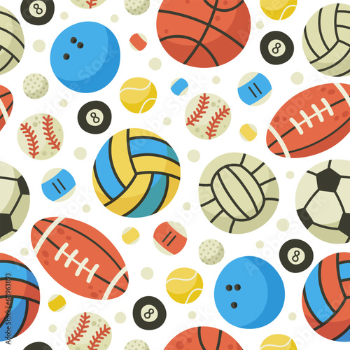 Sport balls seamless pattern. Basketball, rugby ball, football and volleyball games equipment flat vector background illustration