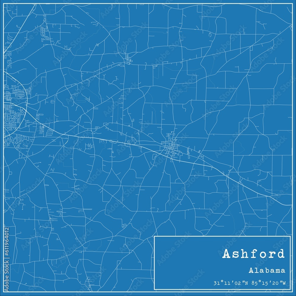 Blueprint US city map of Ashford, Alabama.
