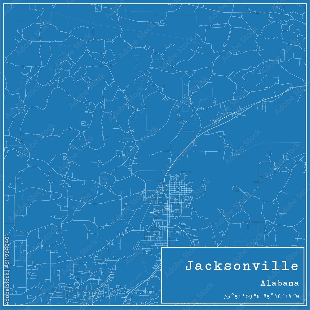 Blueprint US city map of Jacksonville, Alabama.