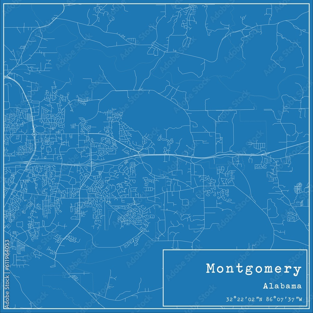 Blueprint US city map of Montgomery, Alabama.