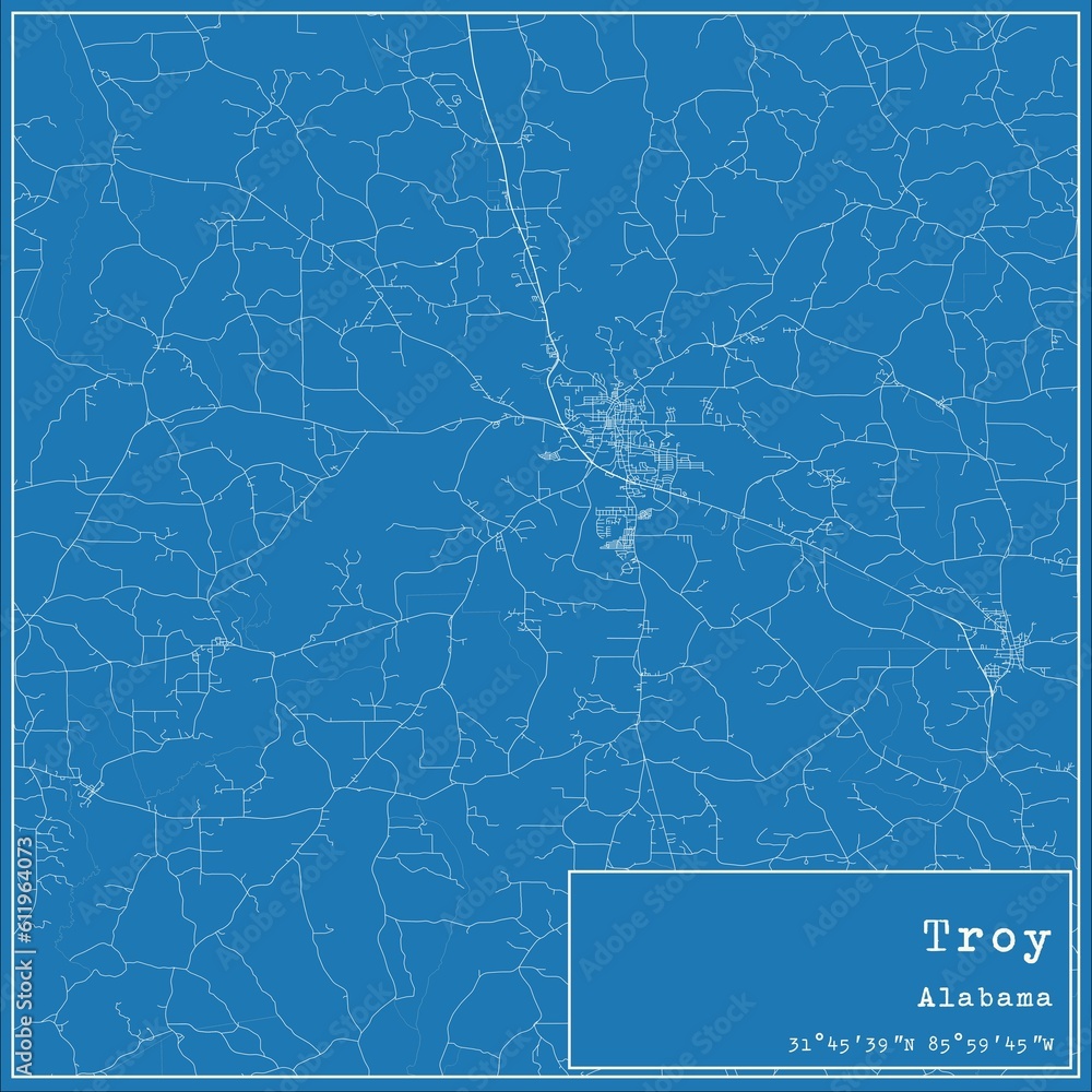 Blueprint US city map of Troy, Alabama. Blueprint US city map of Troy, Alabama.
