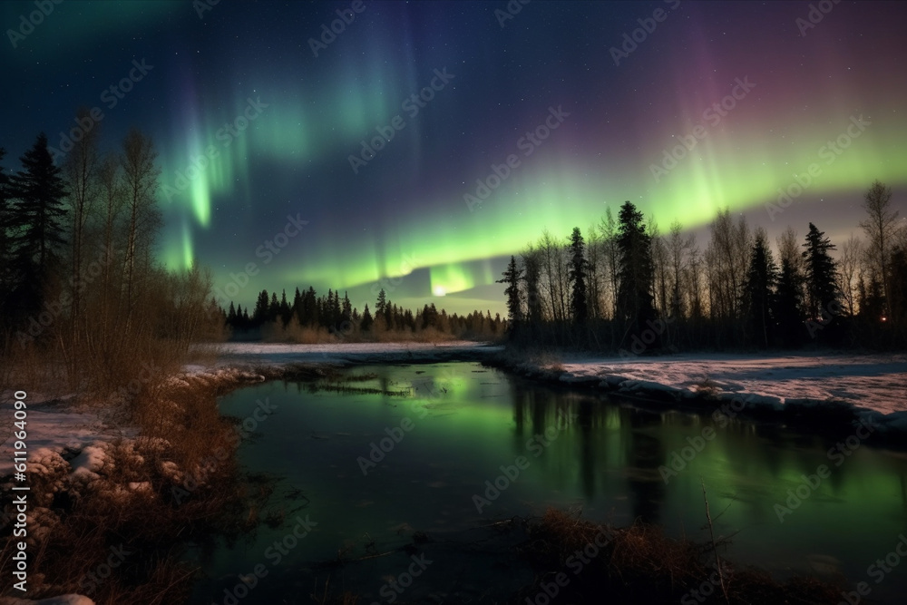 Fototapeta premium Aurora landscape with northern lights, generative ai