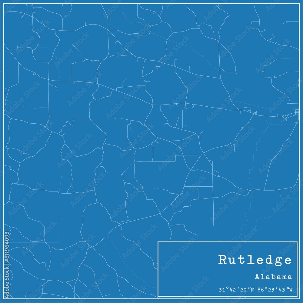 Blueprint US city map of Rutledge, Alabama.