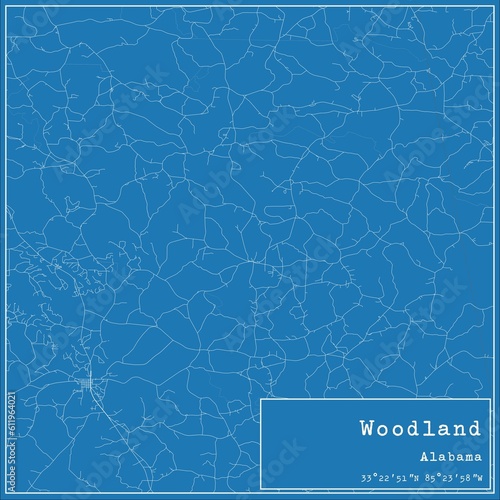 Blueprint US city map of Woodland, Alabama.