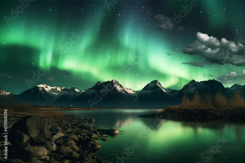 Aurora landscape with northern lights, generative ai