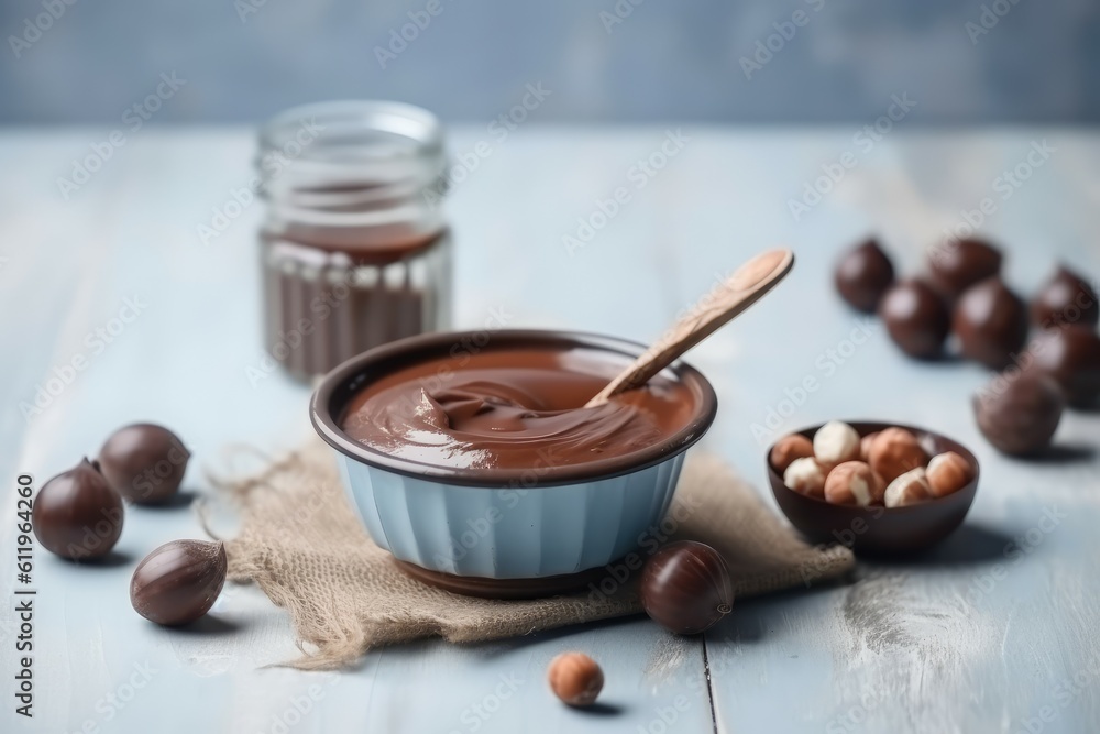 Fototapeta premium Bowl chocolate hazelnut dessert. Generate Ai