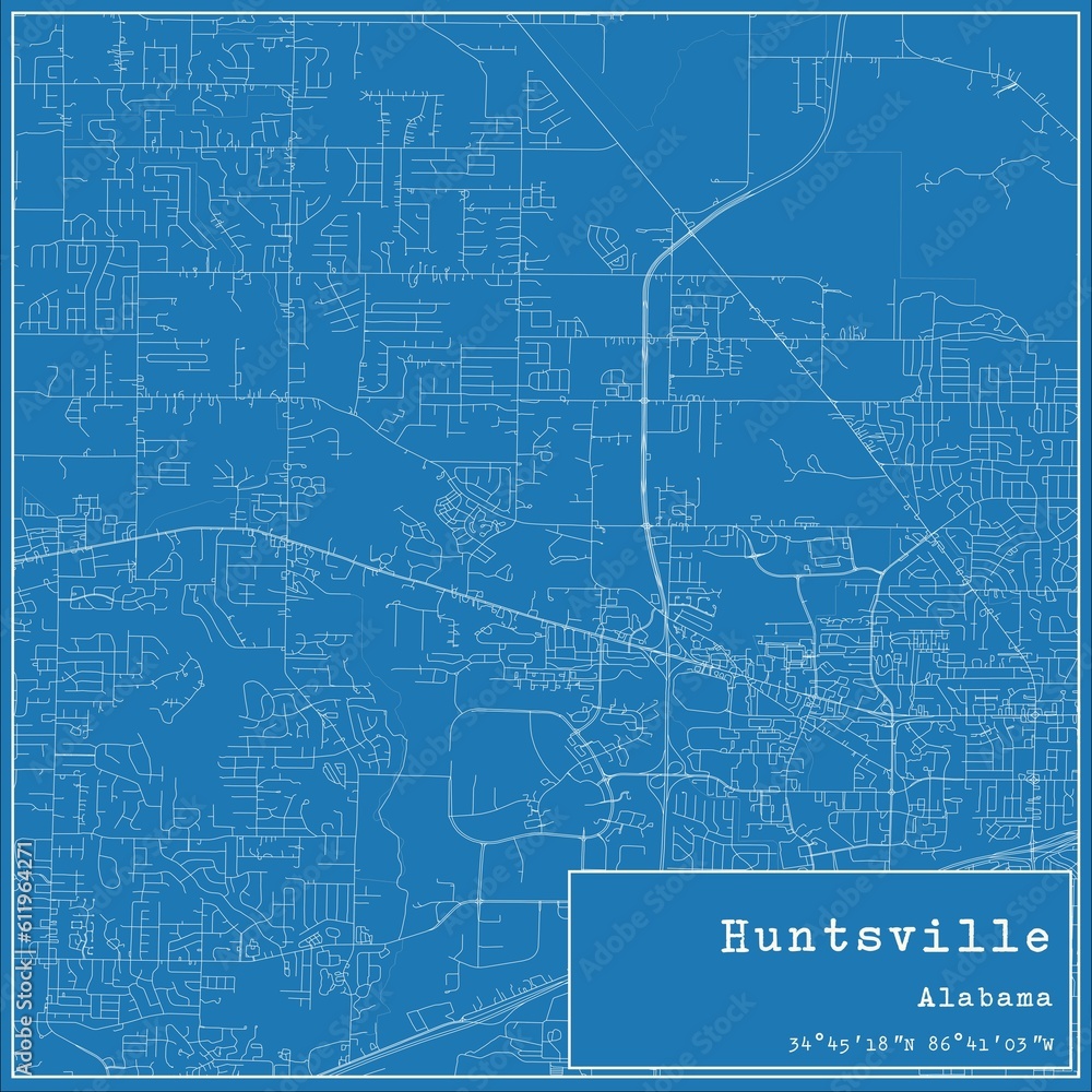 Blueprint US city map of Huntsville, Alabama.