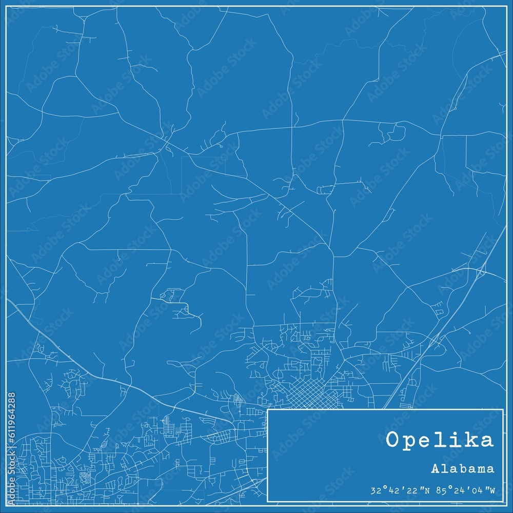 Blueprint US city map of Opelika, Alabama.