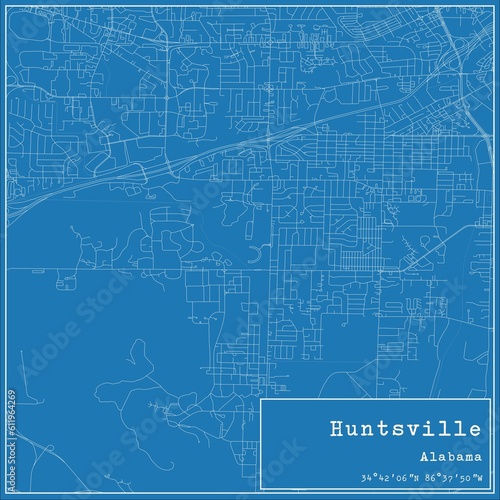 Blueprint US city map of Huntsville, Alabama.