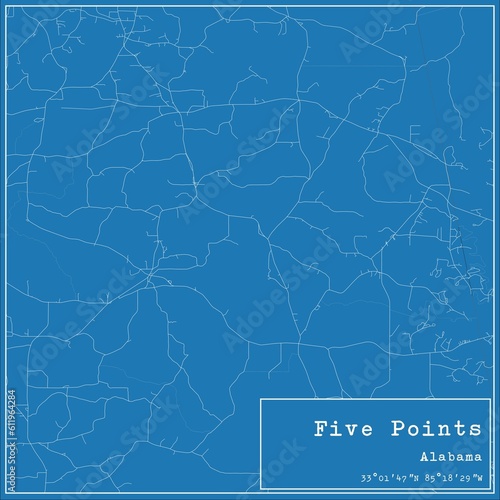 Blueprint US city map of Five Points, Alabama.