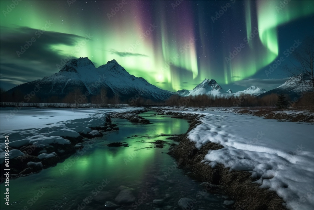 Aurora landscape with northern lights, generative ai