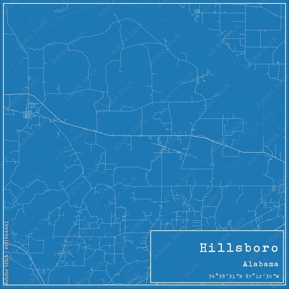 Blueprint US city map of Hillsboro, Alabama.
