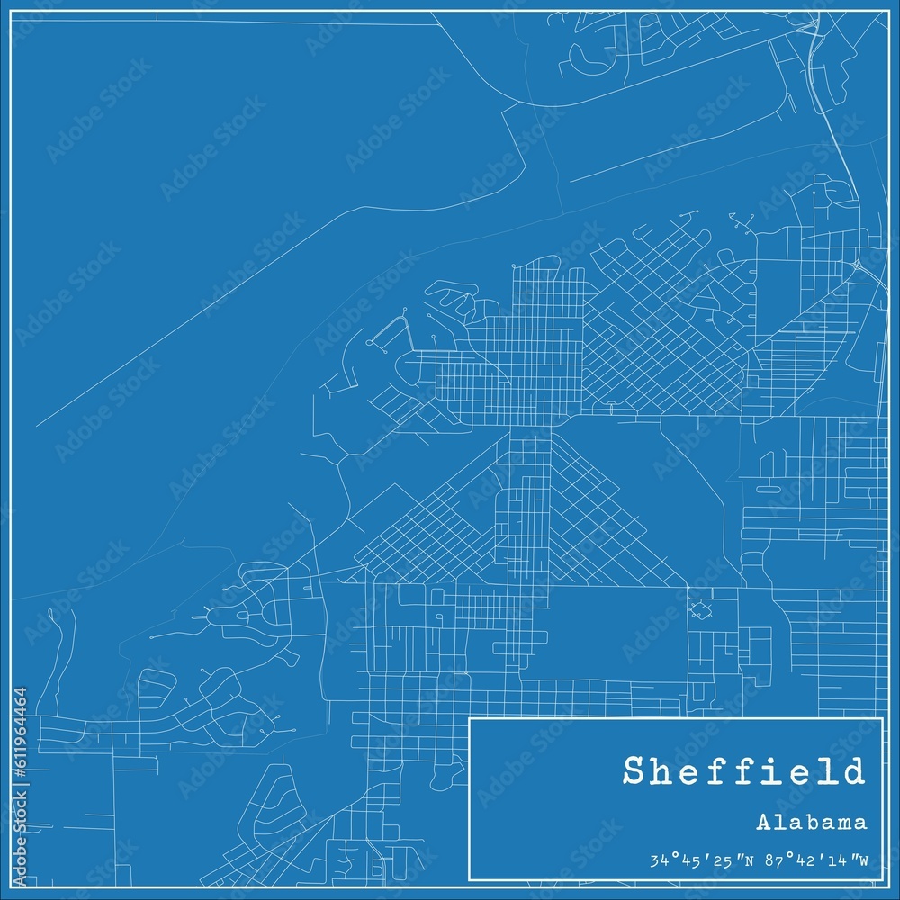 Blueprint US city map of Sheffield, Alabama.