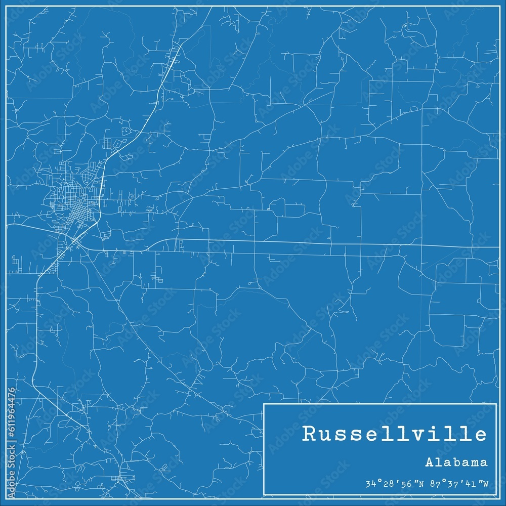 Blueprint US city map of Russellville, Alabama.