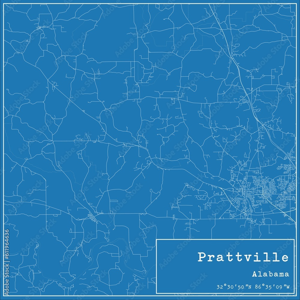 Blueprint US city map of Prattville, Alabama.