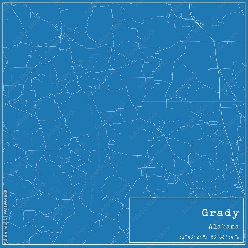 Blueprint US city map of Grady, Alabama.