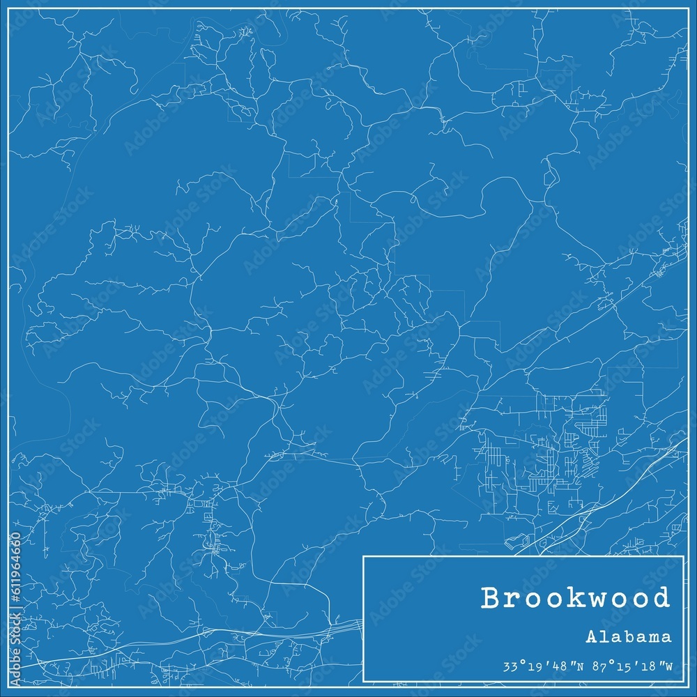 Blueprint US city map of Brookwood, Alabama.