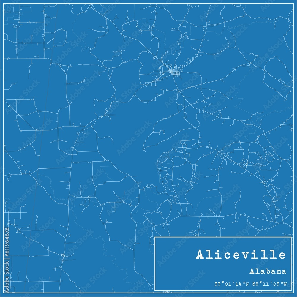 Blueprint US city map of Aliceville, Alabama.