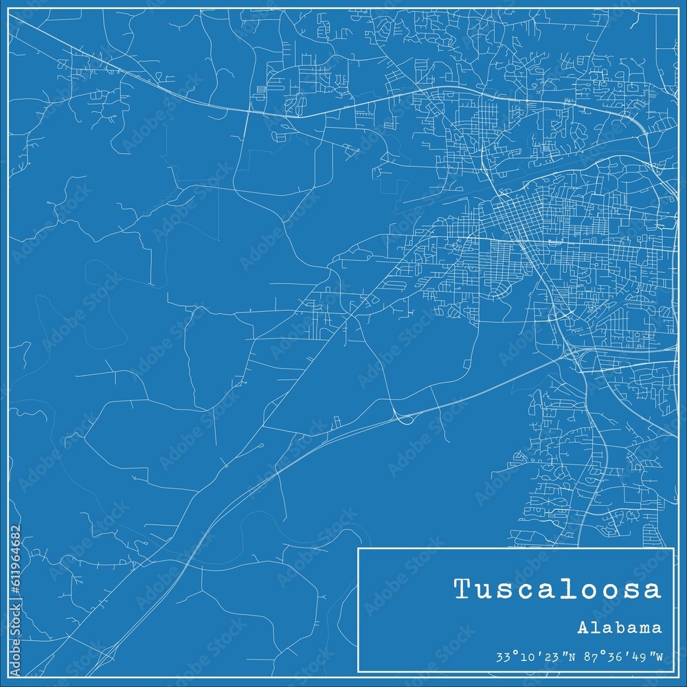 Blueprint US city map of Tuscaloosa, Alabama.
