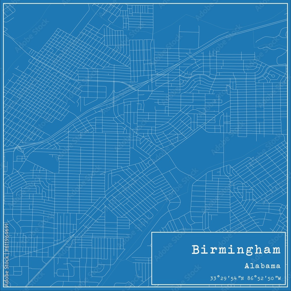 Blueprint US city map of Birmingham, Alabama.