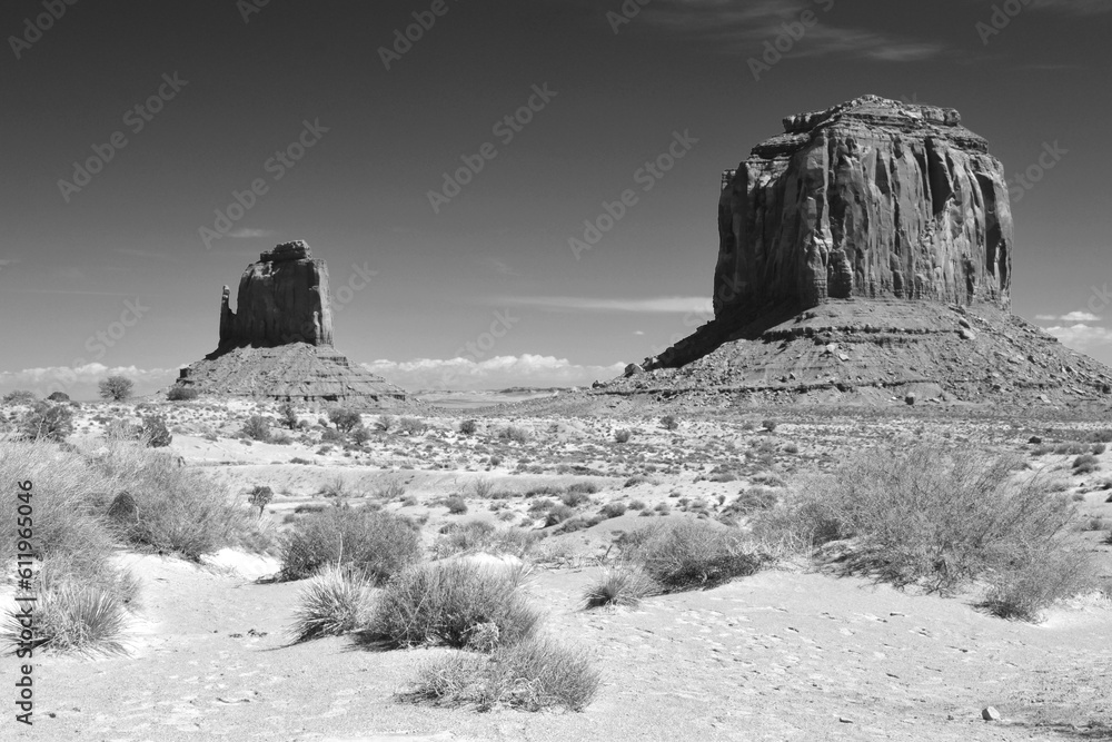 Amazing rock formations in the Monument Valley, Navajo Tribal Park, Utah, USA. Dry landscape. Black and white photography.