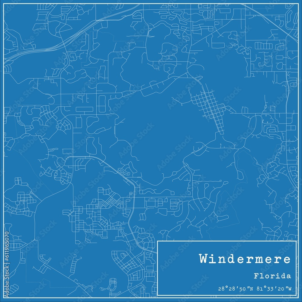 Blueprint US city map of Windermere, Florida.