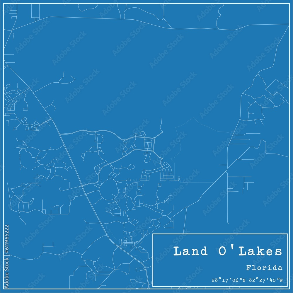 Blueprint US city map of Land O'Lakes, Florida.