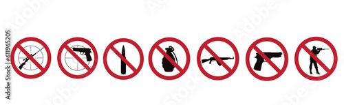 Set of vector silhouettes of no gun sign on white background. Prohibition symbol.
