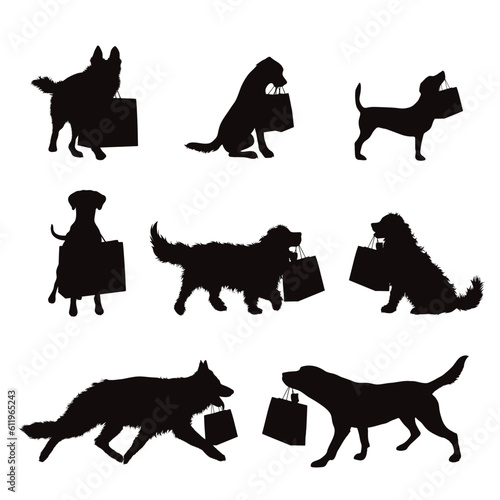 Set of vector silhouettes of dog with shopping bag on white background.