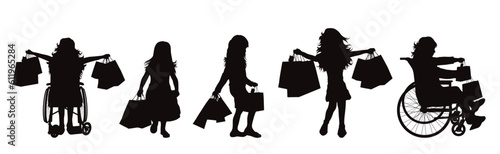 Set of vector silhouettes of girl with shopping bags on white bakground.