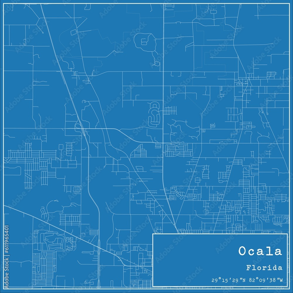 Blueprint US city map of Ocala, Florida.