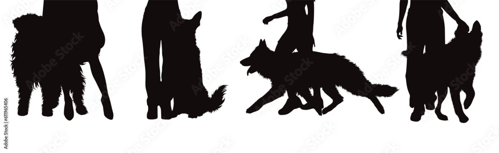Set of vector silhouettes of woman with her happy dog on white background.