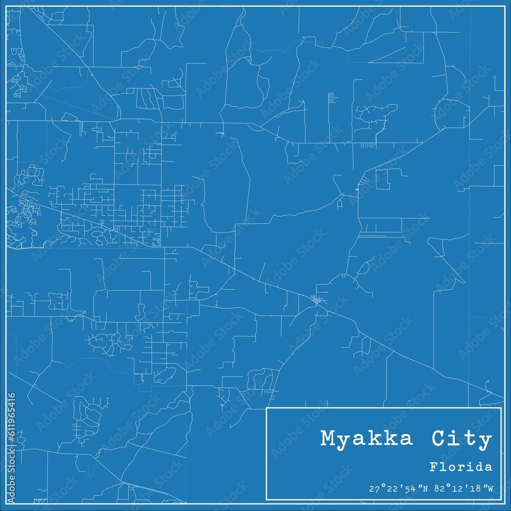 Blueprint US city map of Myakka City, Florida.
