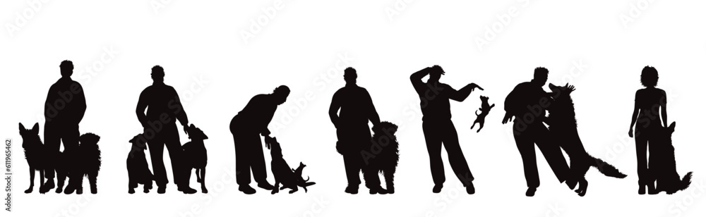Set of vector silhouettes of different people with dog on white background.