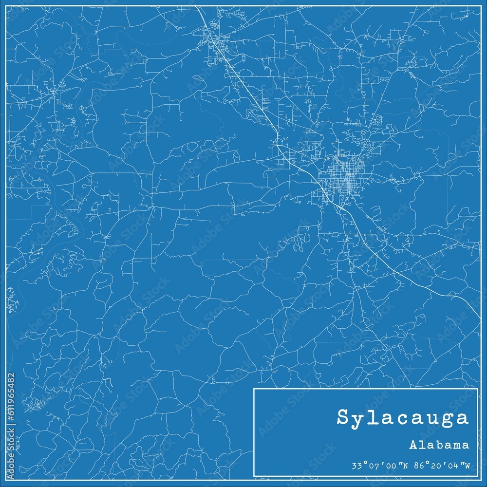Blueprint US city map of Sylacauga, Alabama.