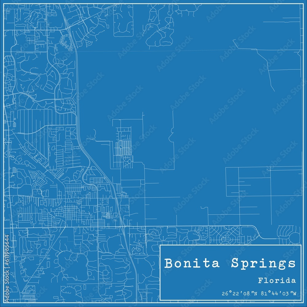 Blueprint US city map of Bonita Springs, Florida.