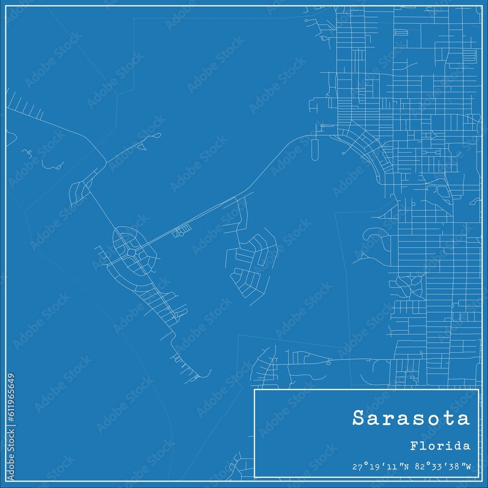 Blueprint US city map of Sarasota, Florida.