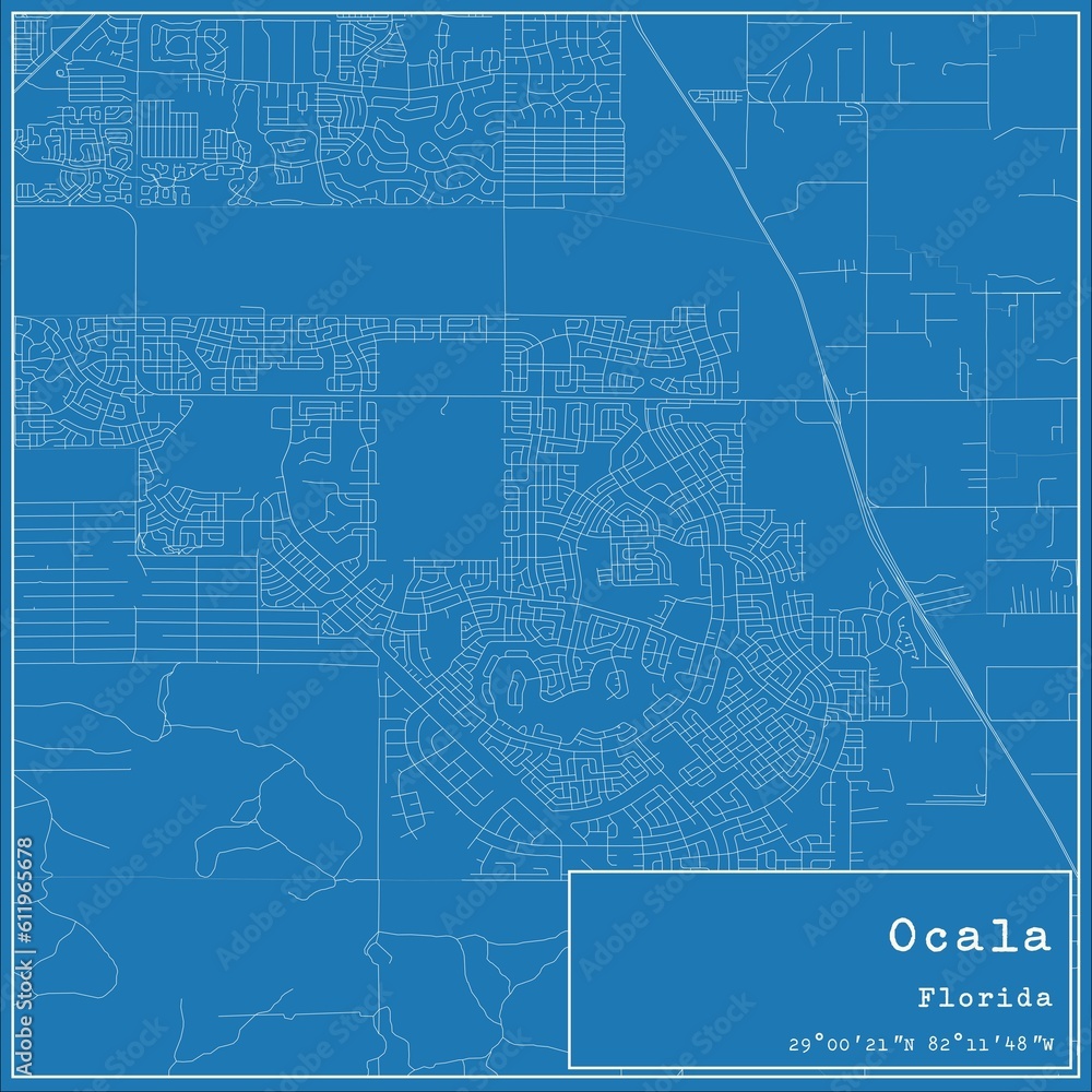 Blueprint US city map of Ocala, Florida.