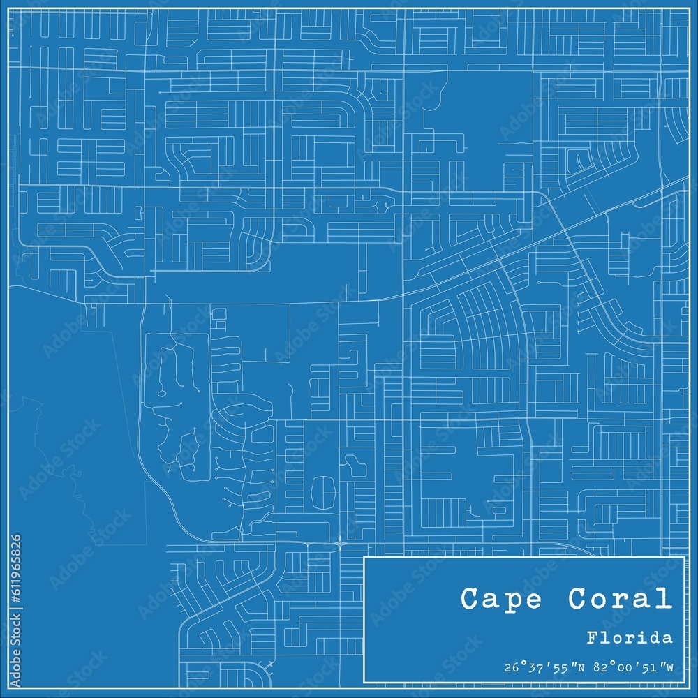 Blueprint US city map of Cape Coral, Florida.