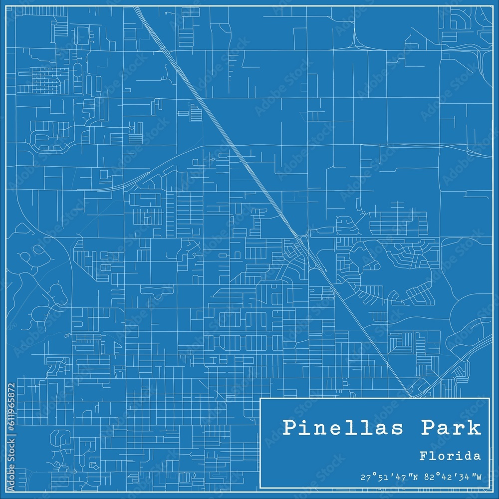 Blueprint US city map of Pinellas Park, Florida.