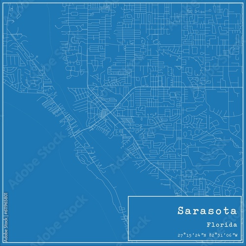 Blueprint US city map of Sarasota, Florida.