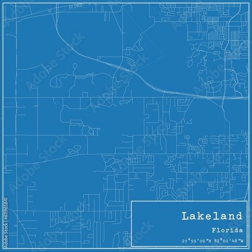 Blueprint US city map of Lakeland, Florida.