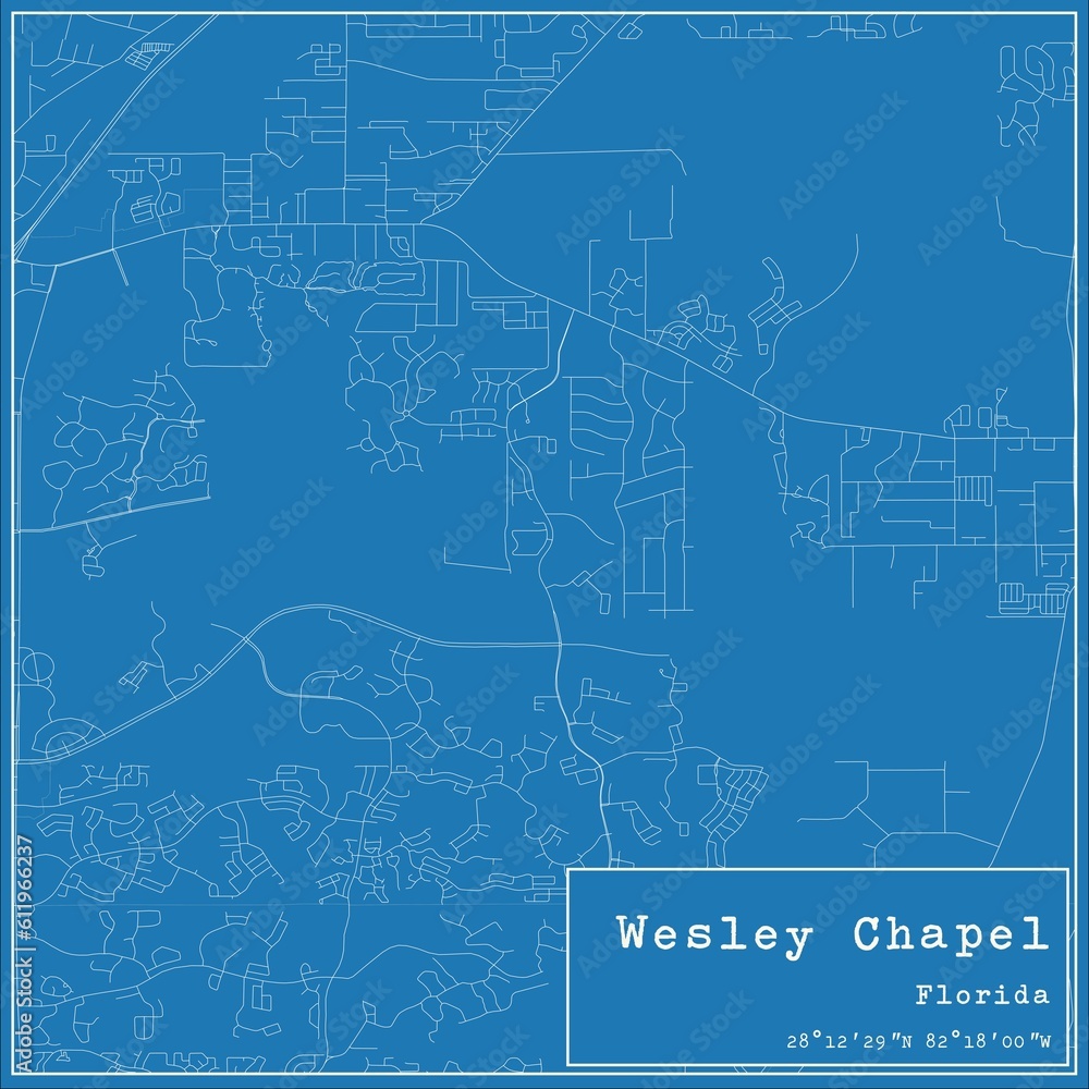 Blueprint US city map of Wesley Chapel, Florida.