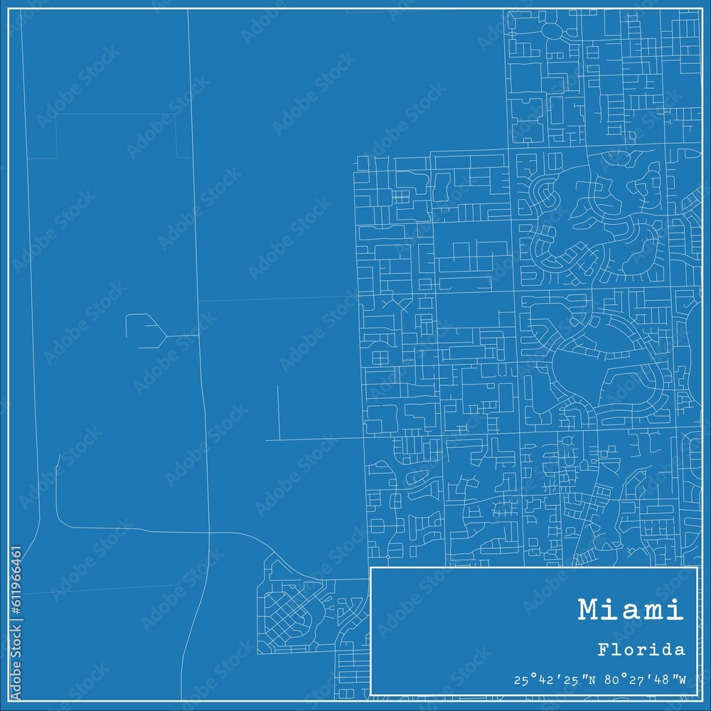 Blueprint US city map of Miami, Florida.