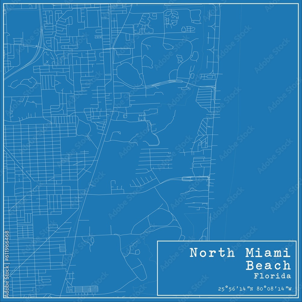 Blueprint US city map of North Miami Beach, Florida.