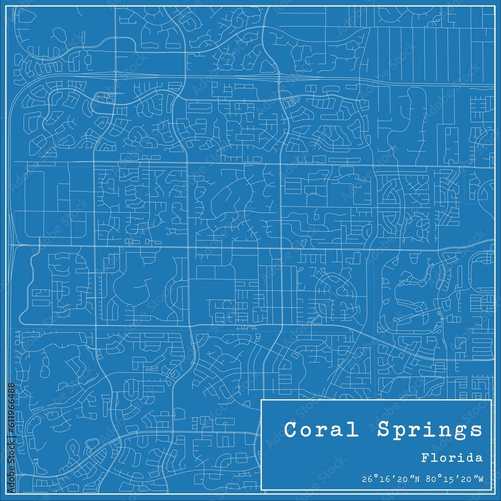 Blueprint US city map of Coral Springs, Florida.